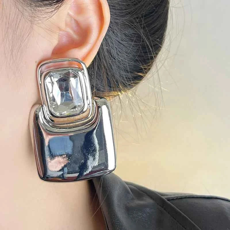 TEEK - Vintage Metal Geometric Square Crystal Earrings JEWELRY theteekdotcom