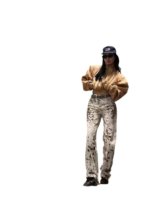 TEEK - Yellow White High Waisted Leopard Print Straight Jeans JEANS theteekdotcom