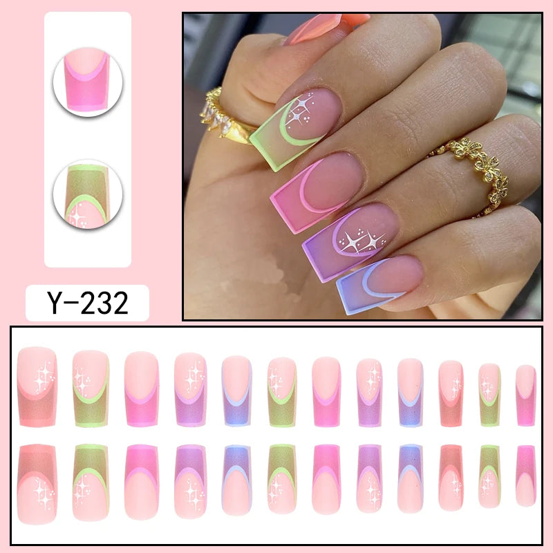 TEEK - 24 Pieces of Medium Coffin Multicolored French Fake Nails NAIL ART theteekdotcom