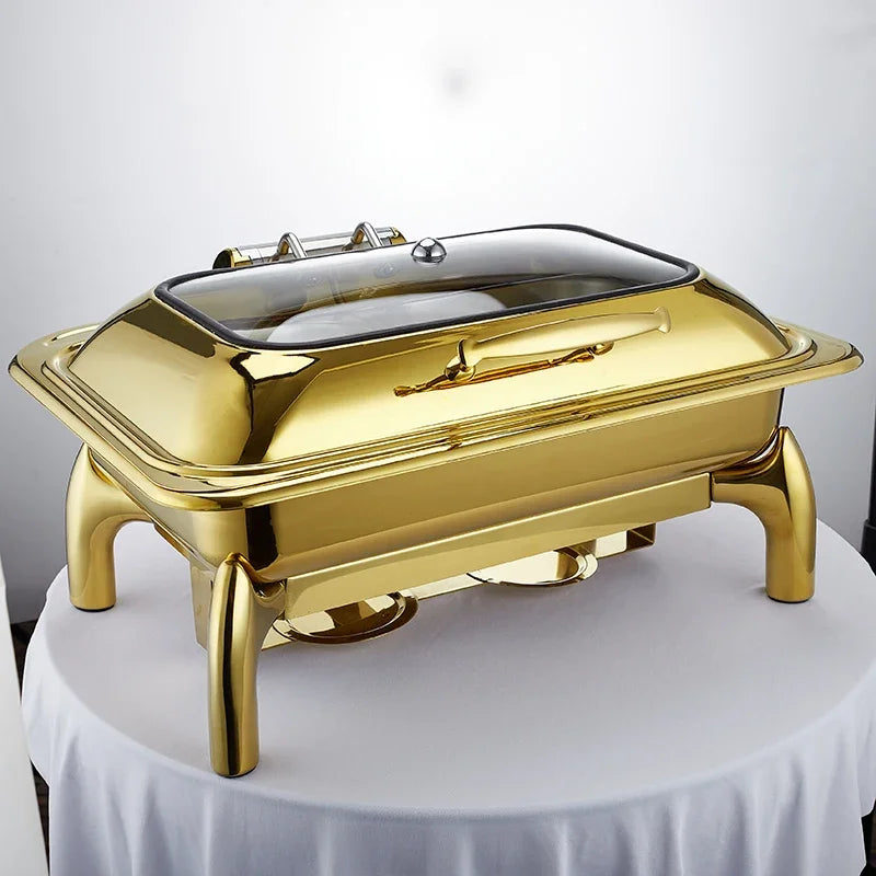 TEEK - Glass Lid Window Hydraulic Soft Close Gold Buffet Chafers theteekdotcom rectangle 9L