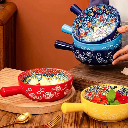 TEEK - Bohemian Ceramic Hand-Painted Embossed Patterned Handle Bowl