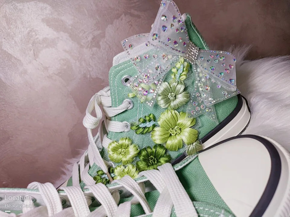 TEEK - High-Top Canvas Green Bow Embroidery Sneakers SHOES theteekdotcom