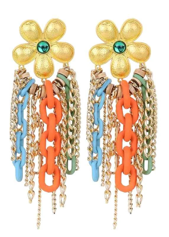 TEEK - Long Flower Light Yellow Gold Chain Earrings JEWELRY theteekdotcom