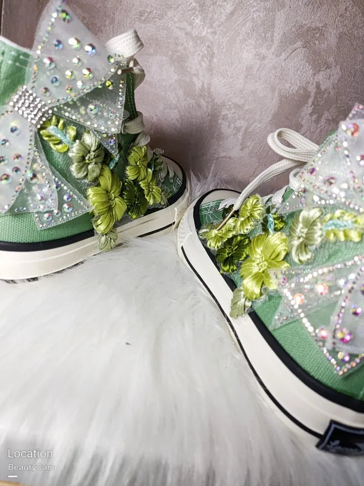 TEEK - High-Top Canvas Green Bow Embroidery Sneakers SHOES theteekdotcom