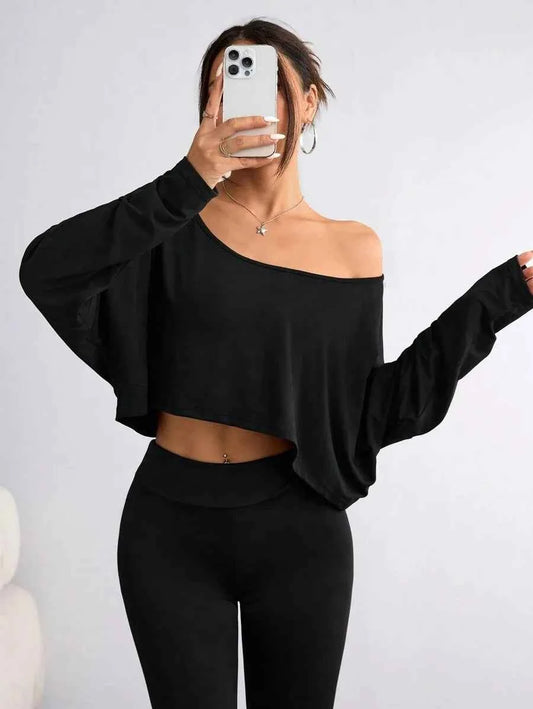 Women'S Black Long Sleeve Blouse T-shirt Casual Asymmetrical Neck Strapless Top for Sporty TEEK