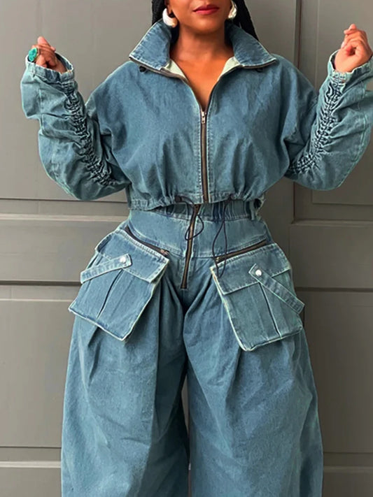 TEEK - Drawstring Denim Pocketed Pieces SET theteekdotcom