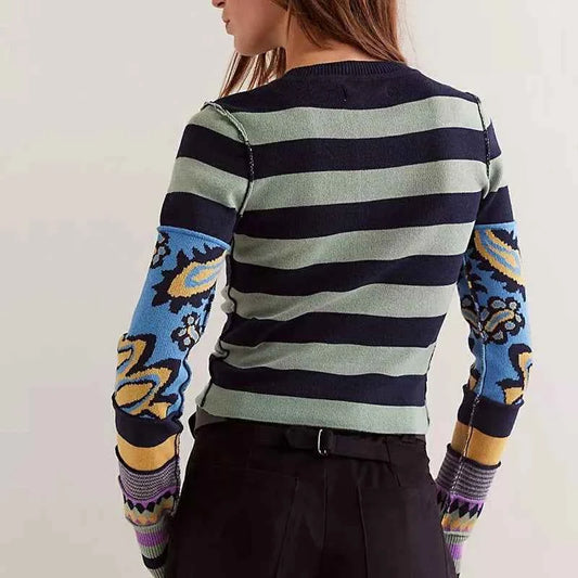 TEEK - Striped Print Contrast Pullover Long Sleeve Slim Cropped Sweater TOPS theteekdotcom