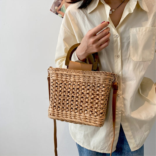 TEEK - Straw Drawstring Closure Wooden Handle Shoulder Bag BAG theteekdotcom
