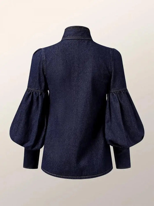 TEEK - Deep Blue Puff Sleeves Bow Blouses TOPS theteekdotcom