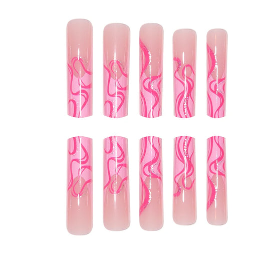 TEEK - 24pc Extra Long Coffin Irregular Lines Sparkling Pink False Nails NAIL ART theteekdotcom