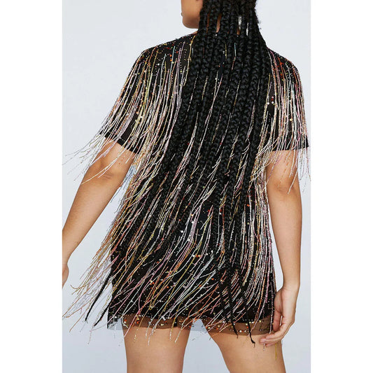 TEEK - Plus Size Multicolor Fringe Mesh Short Sleeves Dress DRESS theteekdotcom