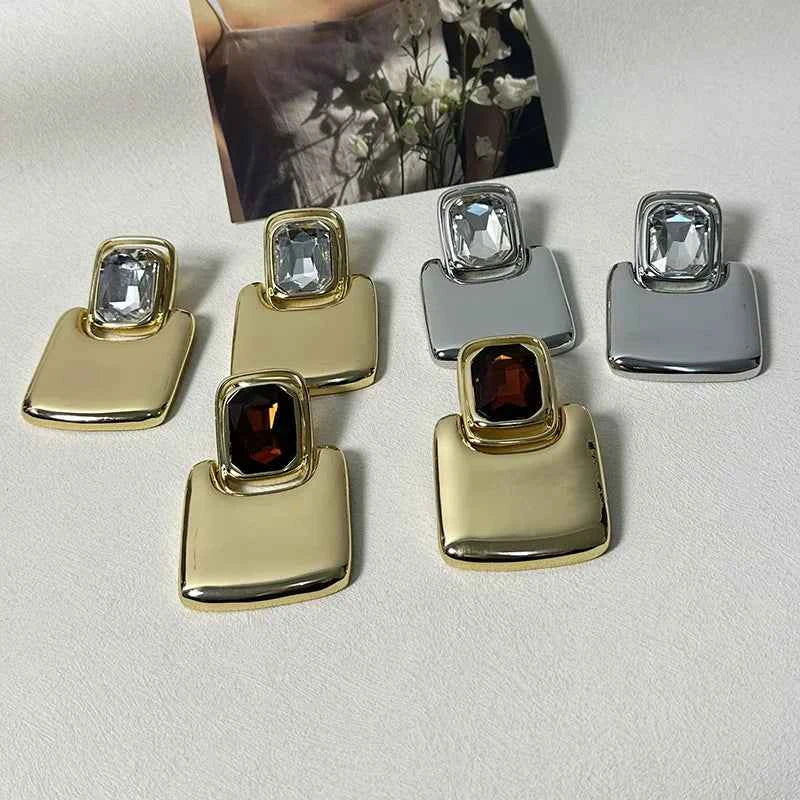 TEEK - Vintage Metal Geometric Square Crystal Earrings JEWELRY theteekdotcom