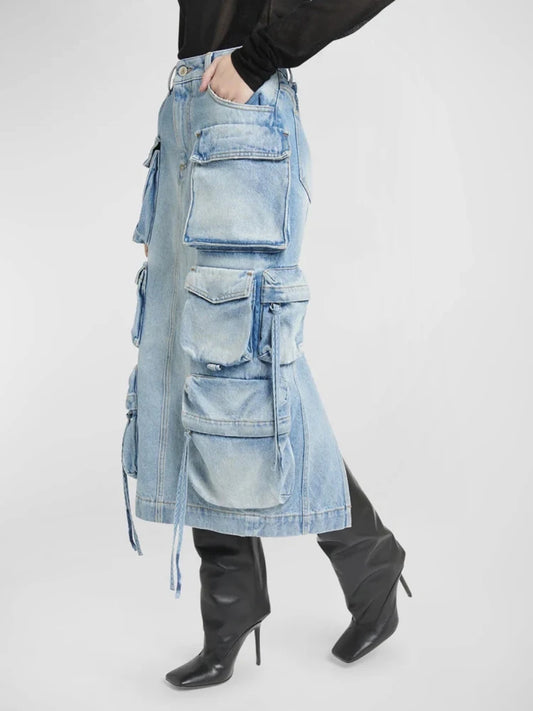 TEEK - Plenty Pockets Split Denim Cargo Skirt SKIRT theteekdotcom