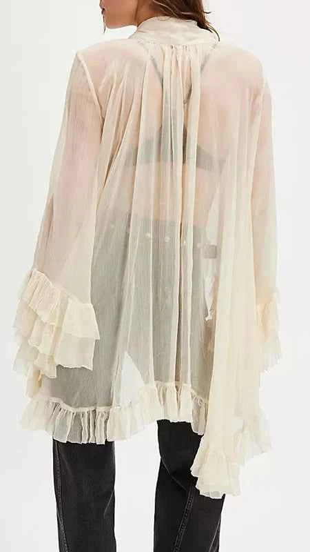TEEK - Chic Irregular Ruffled Hem Cape Top Bow Tied Neck Sheer Top TOPS theteekdotcom