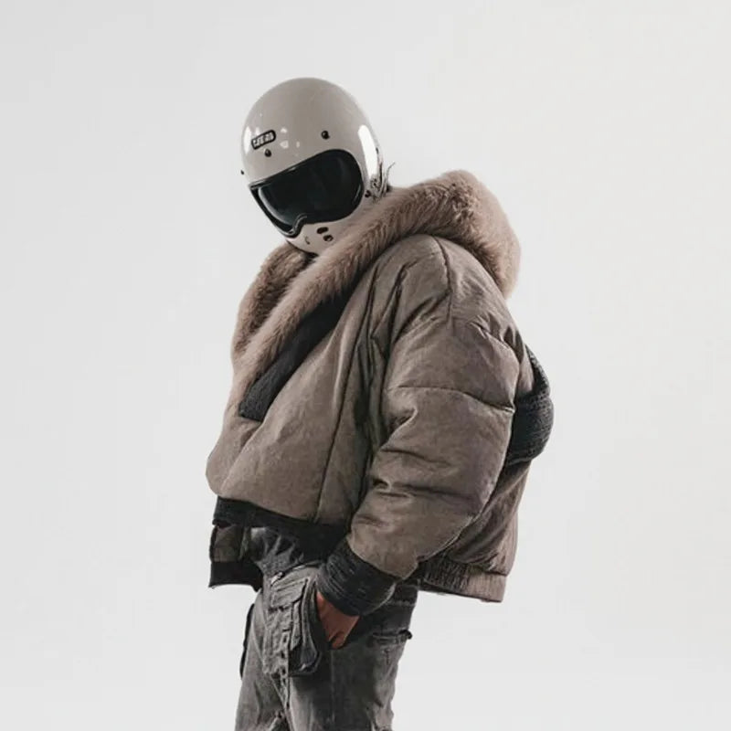 TEEK - Mens Techwear Detachable Fur Collar Robe Down Coat HK3367 JACKET theteekdotcom