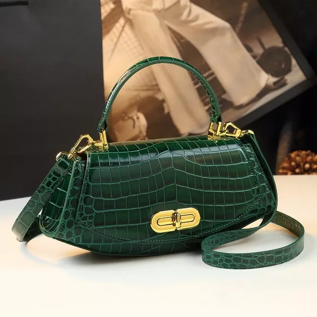 TEEK - Genuine Leather Saddle Croc Pattern Handbag BAG theteekdotcom Green