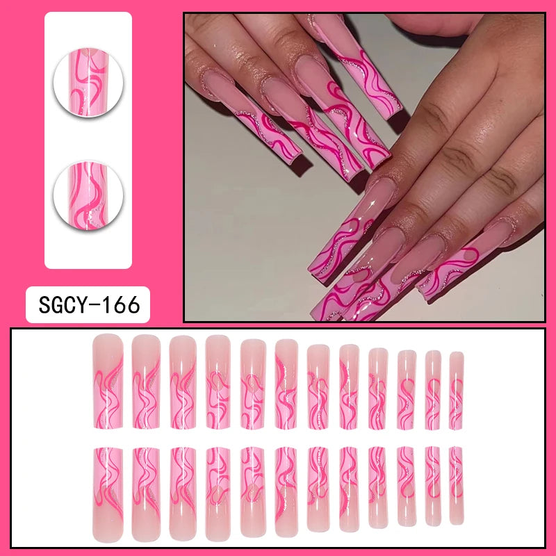 TEEK - 24pc Extra Long Coffin Irregular Lines Sparkling Pink False Nails NAIL ART theteekdotcom