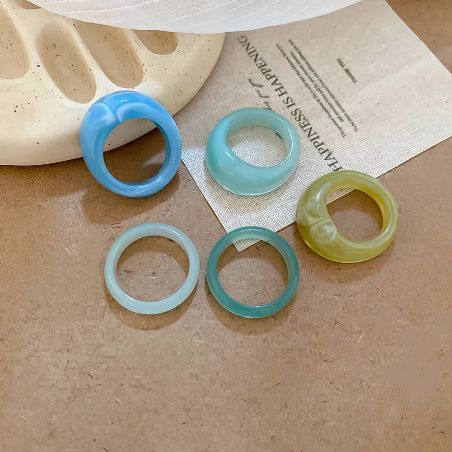 2 Pcs Square Round Irregular Smuding Acrylic Rings for Women Geometric Candy Color Sweet Resin Index Finger Ring Jewelry Sets F TEEK Style12