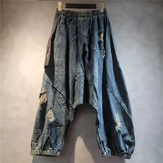 TEEK - Blue Patchwork Baggy Pocketed Elastic High Waist Denim Pants PANTS theteekdotcom