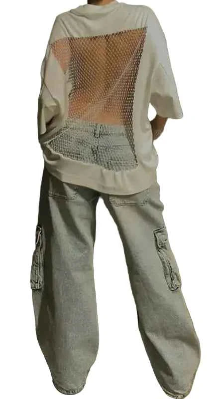 TEEK - Oversized Ribbed Crew Neck Half Sleeve Back Fishnet Back Top TOPS theteekdotcom