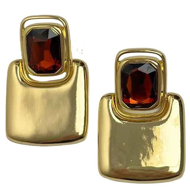 TEEK - Vintage Metal Geometric Square Crystal Earrings JEWELRY theteekdotcom Brown