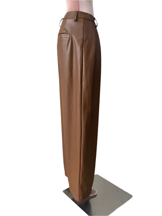 TEEK - Coffee Waterproof Brown Soft Pu Straight Pants PANTS theteekdotcom