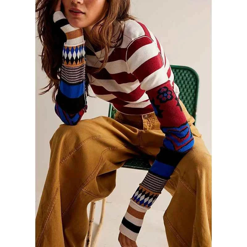 TEEK - Striped Print Contrast Pullover Long Sleeve Slim Cropped Sweater TOPS theteekdotcom