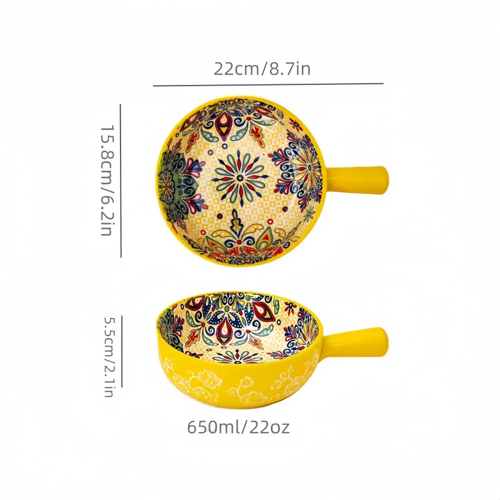 Bohemian Ceramic Hand-Painted Embossed Patterned Salad Bowl with Handle Kitchen Bakeware Microwave & Oven Safe 1 pc TEEK Yellow 6.2