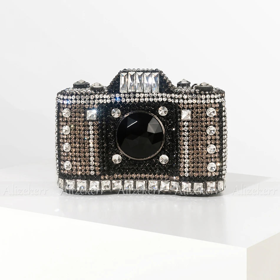 TEEK - Camera Shaped Metallic Rhinestone Handbag BAG theteekdotcom Grey Black