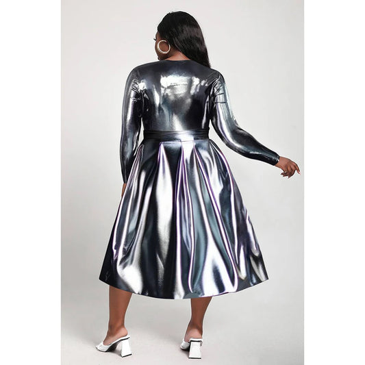 TEEK - Plus Size Silver Crew Neck Long Sleeve Dress DRESS theteekdotcom