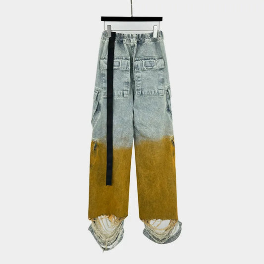 TEEK - Mens Blue Yellow Gradient Rough Edge Wide Leg Jeans PANTS theteekdotcom