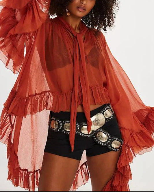 Women Chic Irregular Ruffled Hem Cape Top Bow Tied Neck Shirts Solid Color See Through Loose Fit Long Sleeve Blouses TEEK D S