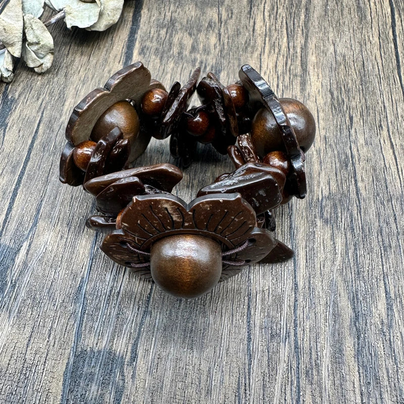 TEEK - Flower Stretch Wood Bracelet JEWELRY theteekdotcom Multi Brown
