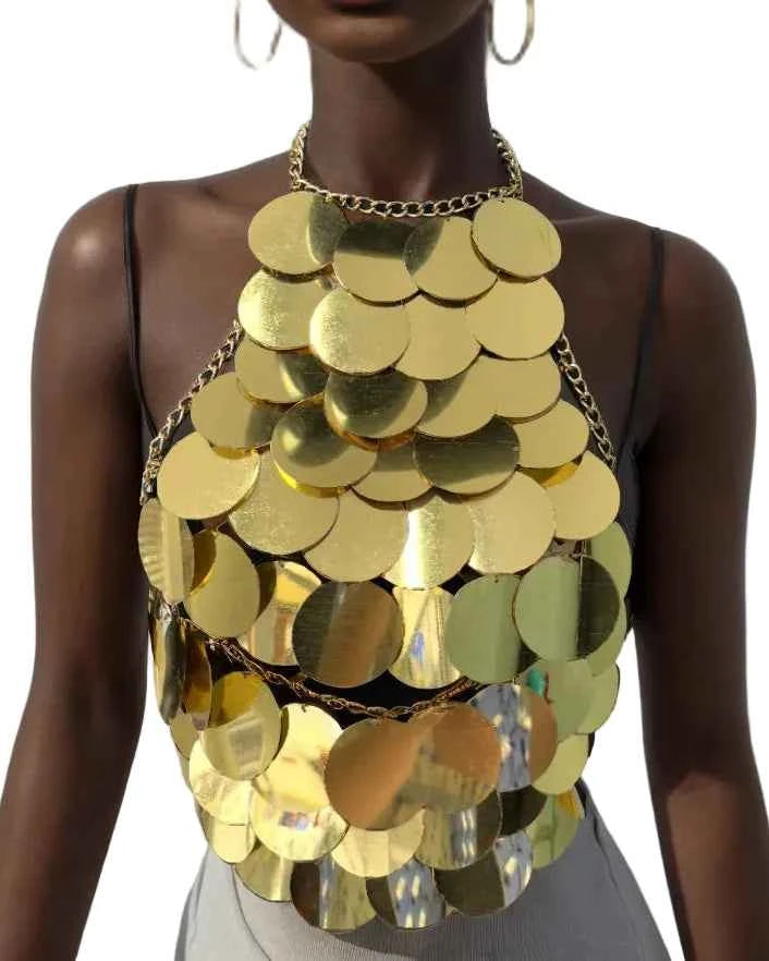 TEEK - Sequin Sleeveless Hand Stitched Gold Circular Hanging Backless Halter Top TOPS theteekdotcom