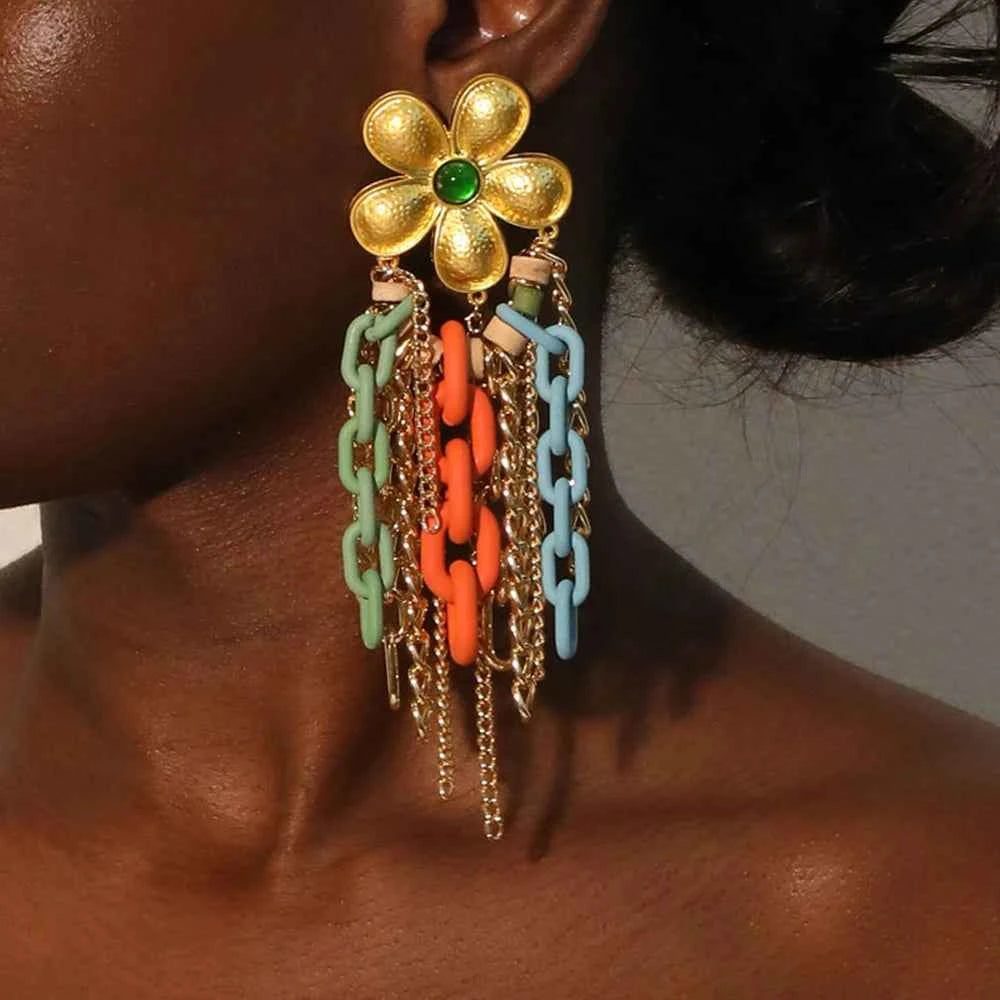 TEEK - Long Flower Light Yellow Gold Chain Earrings JEWELRY theteekdotcom