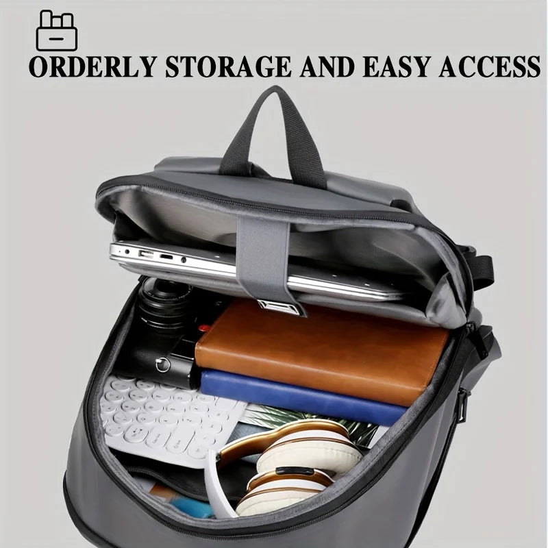 One men's plain business backpack with a luggage strap for commuting. TEEK