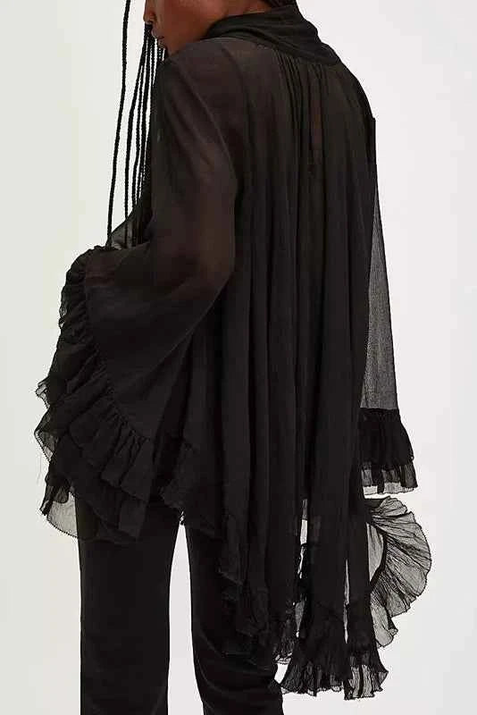 TEEK - Chic Irregular Ruffled Hem Cape Top Bow Tied Neck Sheer Top TOPS theteekdotcom