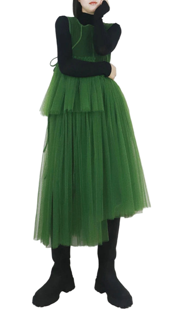 TEEK - Mesh Top Sleeveless Layered dress DRESS theteekdotcom green mesh dress One Size