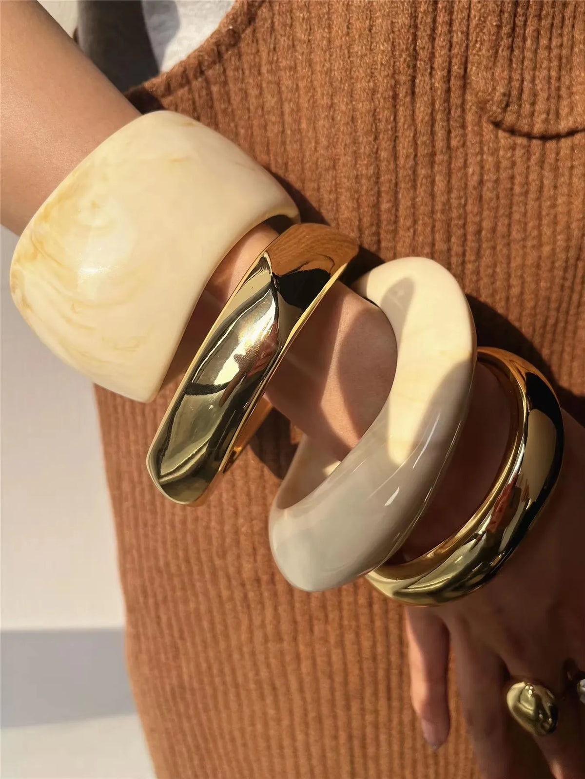 TEEK - Golden Beige Geometric Thick Oversized Bangles JEWELRY theteekdotcom