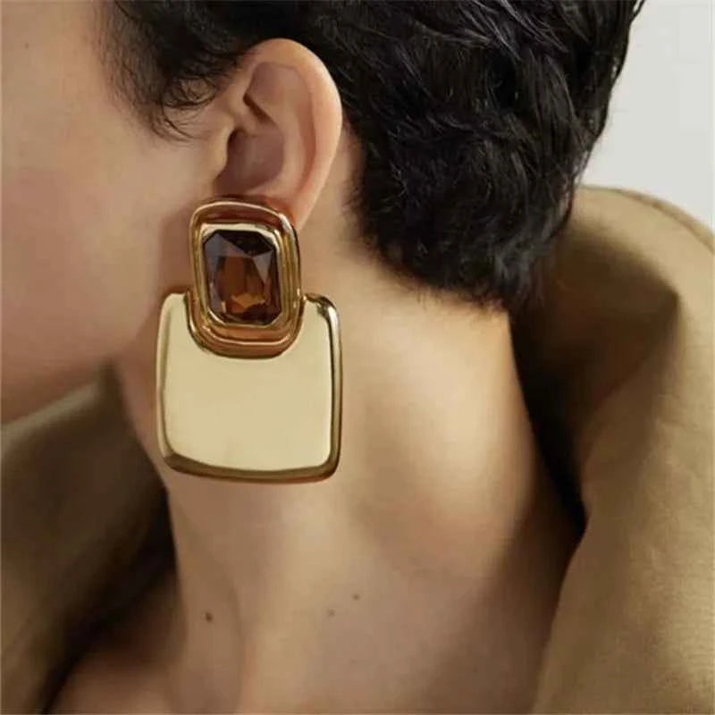 TEEK - Vintage Metal Geometric Square Crystal Earrings JEWELRY theteekdotcom