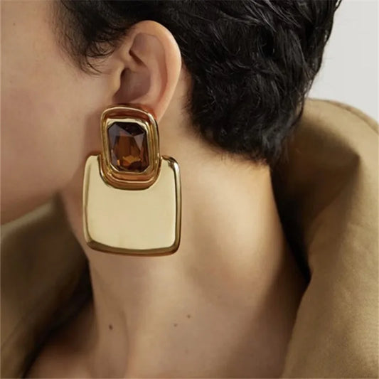 TEEK - Vintage Metal Geometric Square Crystal Earrings