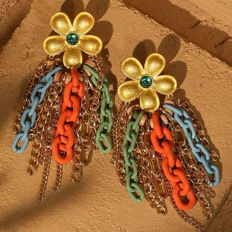 TEEK - Long Flower Light Yellow Gold Chain Earrings JEWELRY theteekdotcom