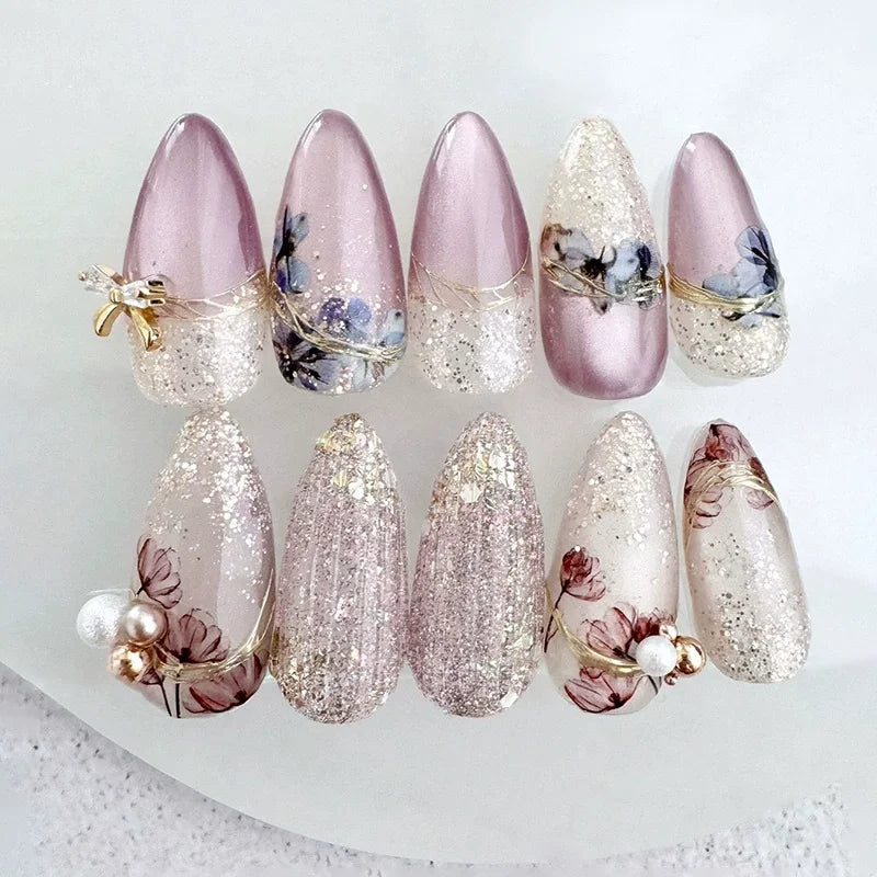 TEEK - 24Pcs Sheer Tip 3D Acrylic Almond Medium Press on Fake Nails