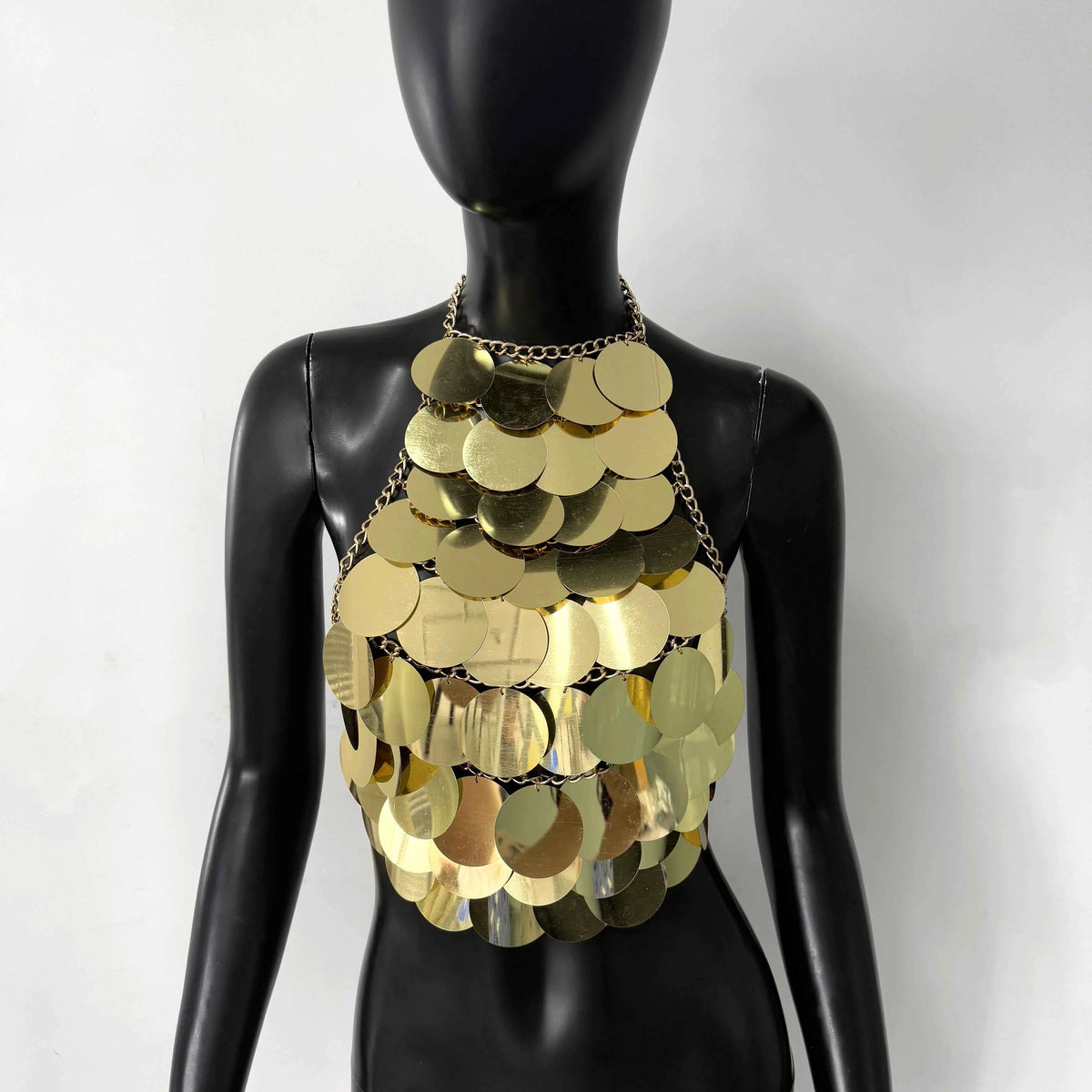 TEEK - Sequin Sleeveless Hand Stitched Gold Circular Hanging Backless Halter Top TOPS theteekdotcom