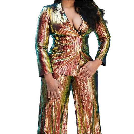 TEEK - Plus Size Gold Sequin Long Sleeve Wide Leg 2 Piece Pant Set SET theteekdotcom