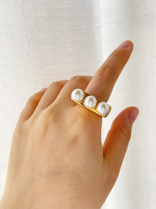 TEEK - Stainless Steel Triple Large Pearl Fashion Ring JEWELRY theteekdotcom
