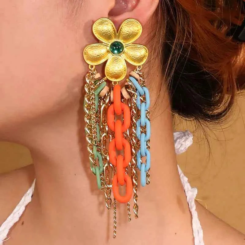 TEEK - Long Flower Light Yellow Gold Chain Earrings JEWELRY theteekdotcom