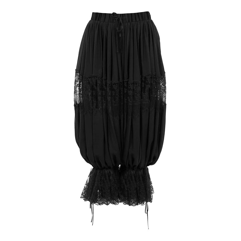 Women Floral Lace Sheer See-through Patchwork Bloomers Casual Loose Drawstring Elastic High Waist Cropped Capri Pants Trousers TEEK black L