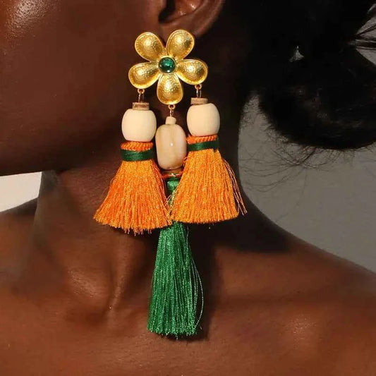 TEEK - Yellow Flower Tassels Dangle Earrings