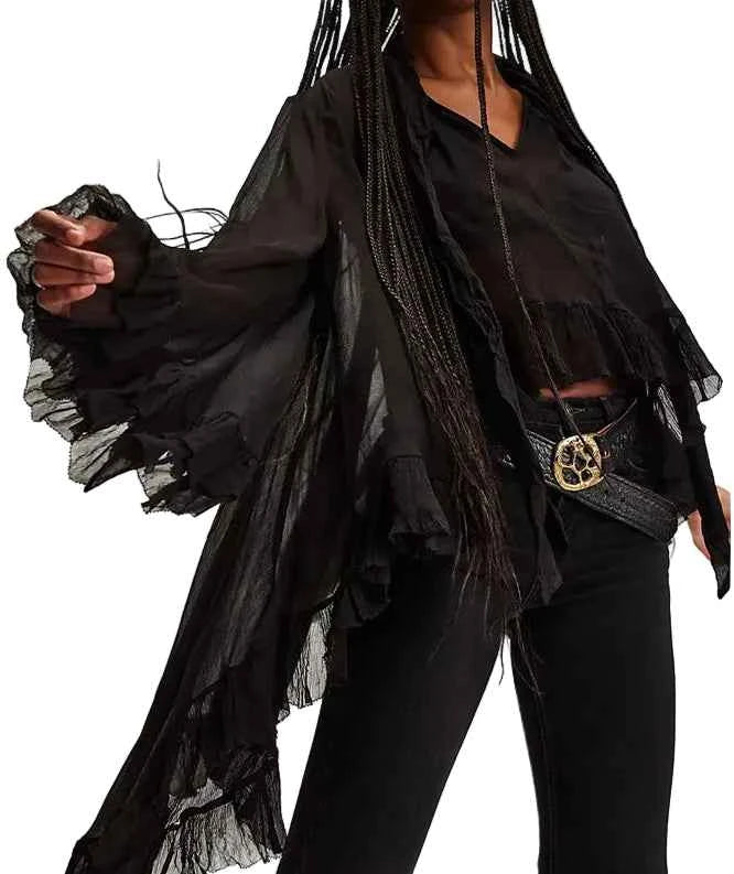 TEEK - Chic Irregular Ruffled Hem Cape Top Bow Tied Neck Sheer Top TOPS theteekdotcom C S